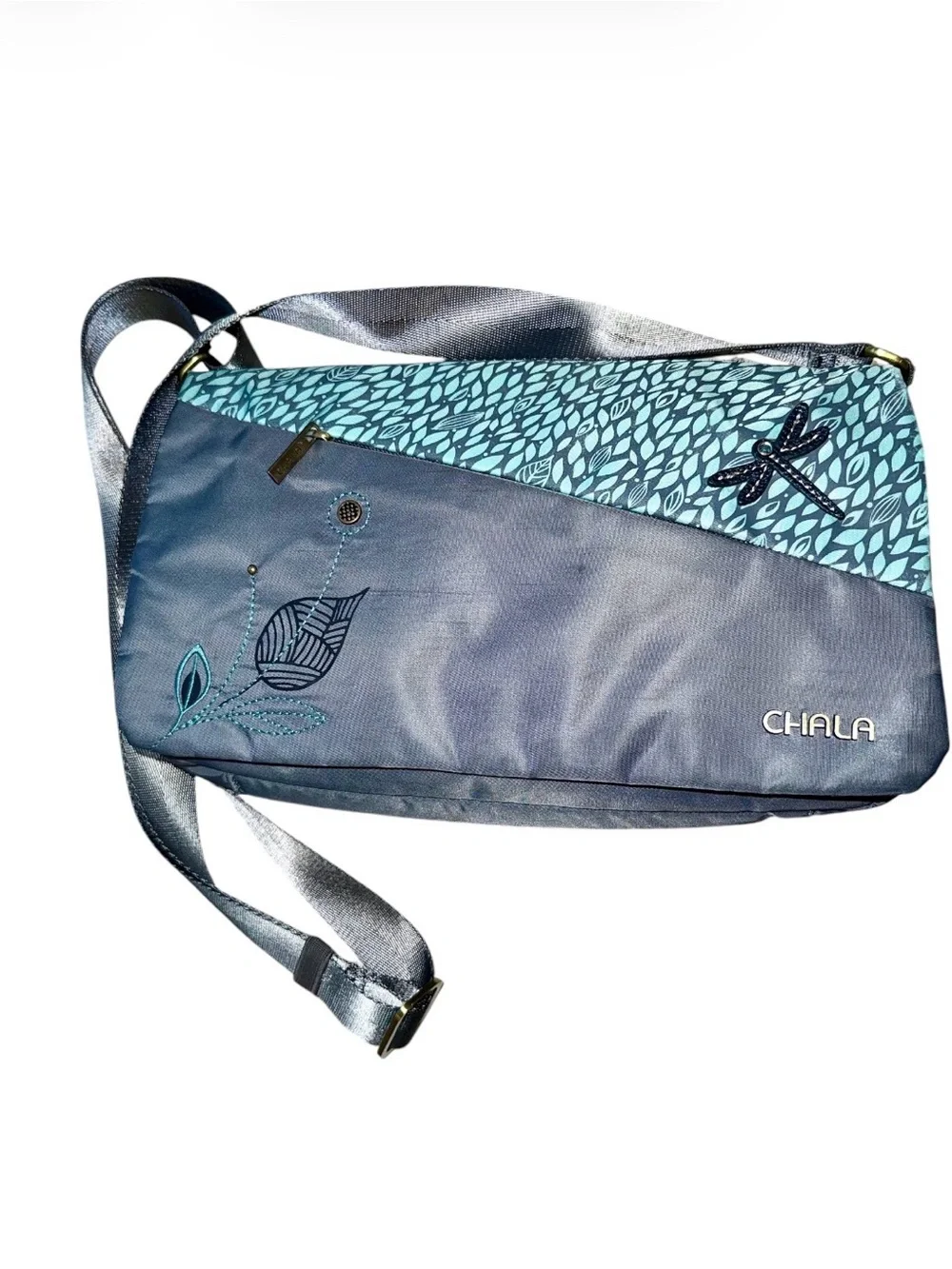 Chala CV  Envoy Dragonfly Flap Crossbody Messenger Bag Gray/Aqua RFID Protected